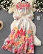 French Elegant Matching Sets Lantern Sleeve Single Breasted Shirts High Waist Long Skirts Flower Print Spring Women's Clothing